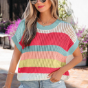 Green Stripe Small Joelle Knit Short Sleeve Sweater