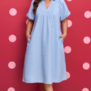 Sky Blue Stripe 2X Julieta Detail Collar Midi PLUS Dress