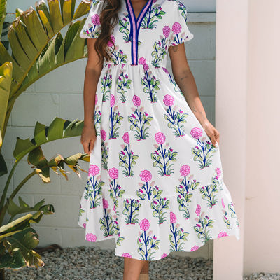 Julietta Floral Puff Short Sleeve V Neck High Waist Maxi Dress