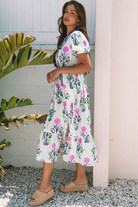 Julietta Floral Puff Short Sleeve V Neck High Waist Maxi Dress