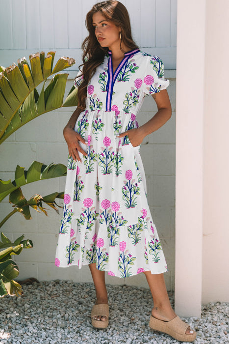 Julietta Floral Puff Short Sleeve V Neck High Waist Maxi Dress