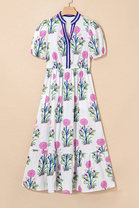 Julietta Floral Puff Short Sleeve V Neck High Waist Maxi Dress