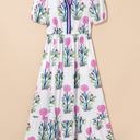  Julietta Floral Puff Short Sleeve V Neck High Waist Maxi Dress
