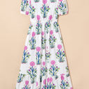  Julietta Floral Puff Short Sleeve V Neck High Waist Maxi Dress