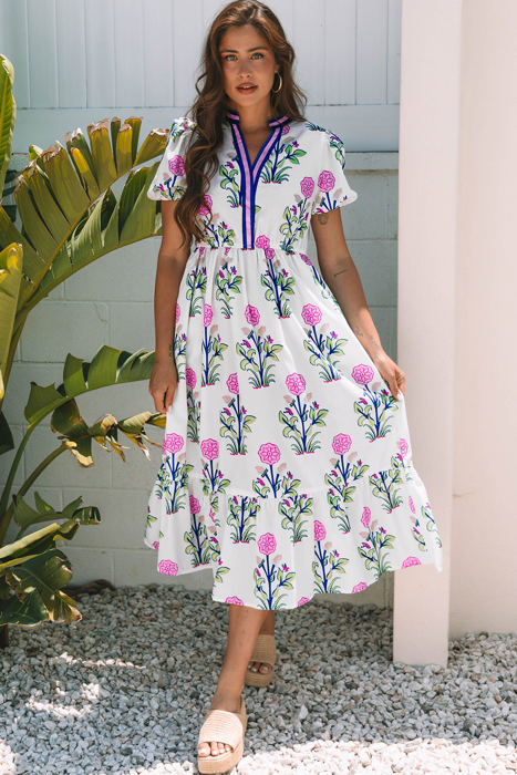 Julietta Floral Puff Short Sleeve V Neck High Waist Maxi Dress