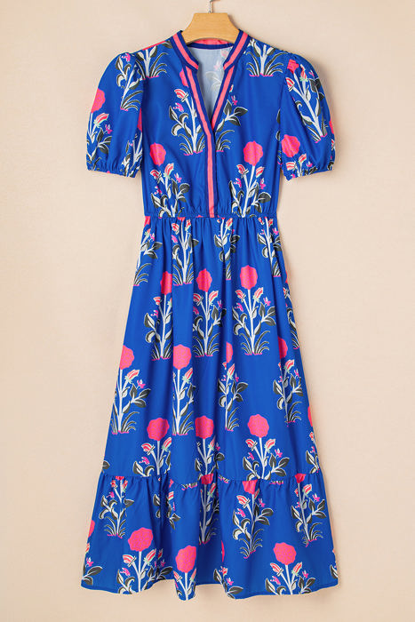 Julietta Floral Puff Short Sleeve V Neck High Waist Maxi Dress