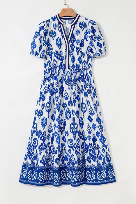Julietta Floral Puff Short Sleeve V Neck High Waist Maxi Dress