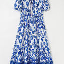 Blue Large Julietta Floral Puff Short Sleeve V Neck High Waist Maxi Dress