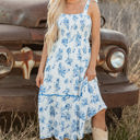 Sky Blue Large Kai Floral Shirred Knot Shoulder Sleeveless Long Dress