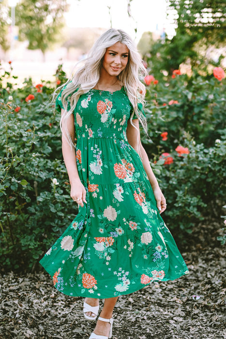 Kailany Floral Bubble Sleeve Smocked Tiered Midi Dress