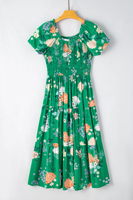 Kailany Floral Bubble Sleeve Smocked Tiered Midi Dress