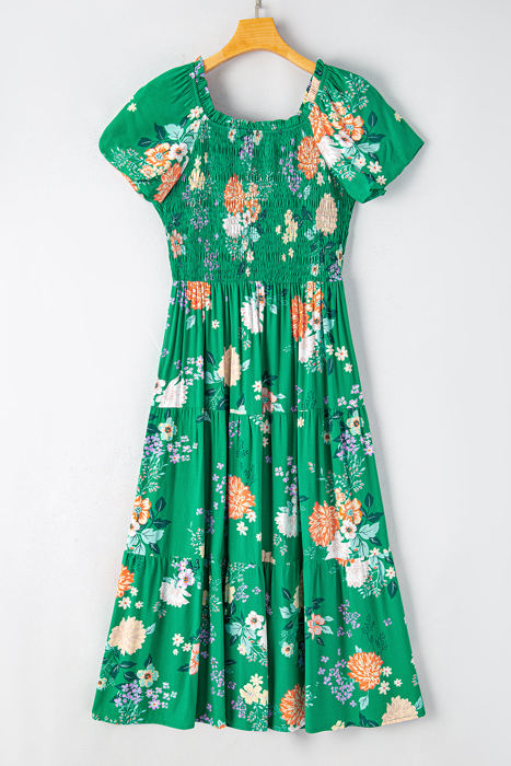 Kailany Floral Bubble Sleeve Smocked Tiered Midi Dress