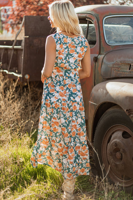 Kara Floral Tie Waist Sleeveless Holiday Long Dress