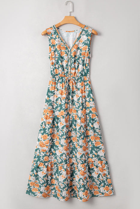 Kara Floral Tie Waist Sleeveless Holiday Long Dress