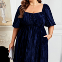 Navy Blue 2X Kataleya Short Puff Sleeve PLUS Dress
