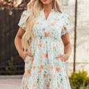 Beige Small Katharine Floral Shirred High Waist Puff Sleeve Mini Dress