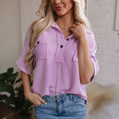 Kyla Flap Pocket Collared Buttoned Short Sleeve Blouse