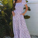  Lacey Floral Short Bubble Sleeve Maxi Dress