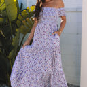 Purple Large Lacey Floral Short Bubble Sleeve Maxi Dress