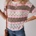 Brown Stripe Large Leilani Crochet Half Sleeve Sweater