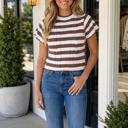 Brown Stripe Large Leilani Detail Short Sleeve Sweater