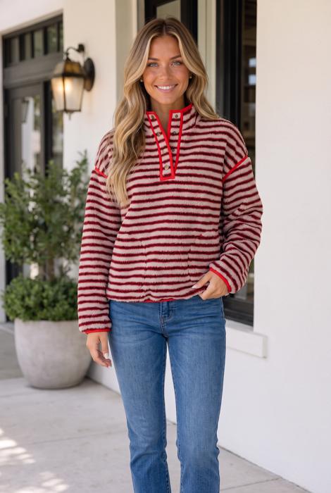 Lela Fuzzy Colorblock Placket Sweatshirt