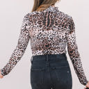  Leopard Smocked Neck Mesh Long Sleeve Bodysuit