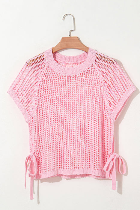 Lettie Hollow-out Crochet Side Tied Short Sleeve Sweater