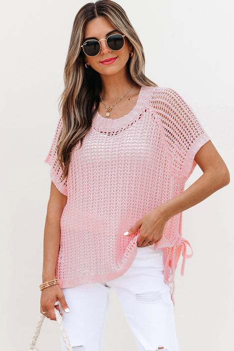 Lettie Hollow-out Crochet Side Tied Short Sleeve Sweater
