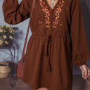 Burgundy XL Liliana Floral Embroidered Tassel Tie Mini Dress