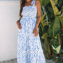 Sky Blue Large Lily Floral Smocked Tiered Maxi Dress