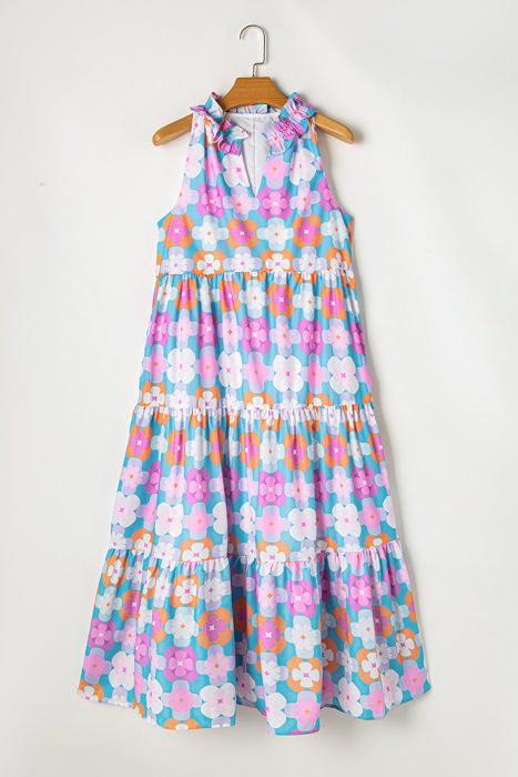 Lottie Floral Print Frilly Neck Sleeveless Tiered Maxi Dress