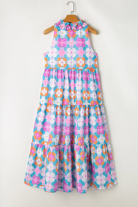 Lottie Floral Print Frilly Neck Sleeveless Tiered Maxi Dress