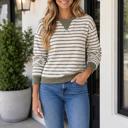 Green Stripe XL Lyla Ribbed Patchwork Textured Long Sleeve Top