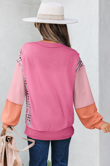 Maddie Texture Colorblock Patchwork Long Sleeve PLUS Top