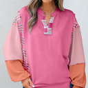 Aruba Blue 1X Maddie Texture Colorblock Patchwork Long Sleeve PLUS Top