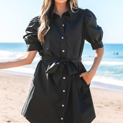 Malaya Button Up Tie Waist Puff Sleeve Mini Dress