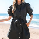  Malaya Button Up Tie Waist Puff Sleeve Mini Dress