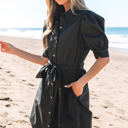  Malaya Button Up Tie Waist Puff Sleeve Mini Dress