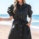  Malaya Button Up Tie Waist Puff Sleeve Mini Dress