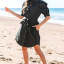  Malaya Button Up Tie Waist Puff Sleeve Mini Dress
