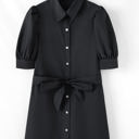  Malaya Button Up Tie Waist Puff Sleeve Mini Dress