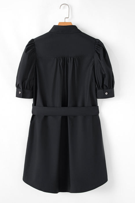 Malaya Button Up Tie Waist Puff Sleeve Mini Dress