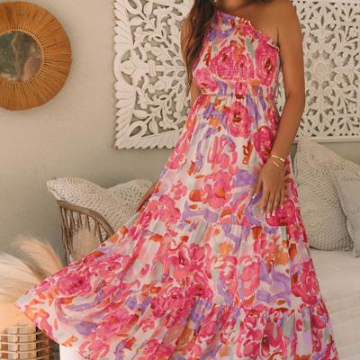 Malaysia Floral Print Shirred One Shoulder Maxi Dress