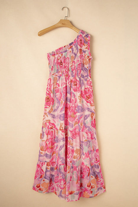 Malaysia Floral Print Shirred One Shoulder Maxi Dress
