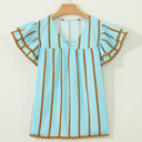 Sky Blue Stripe Large Malaysia Ruffled Short Sleeve Blouse