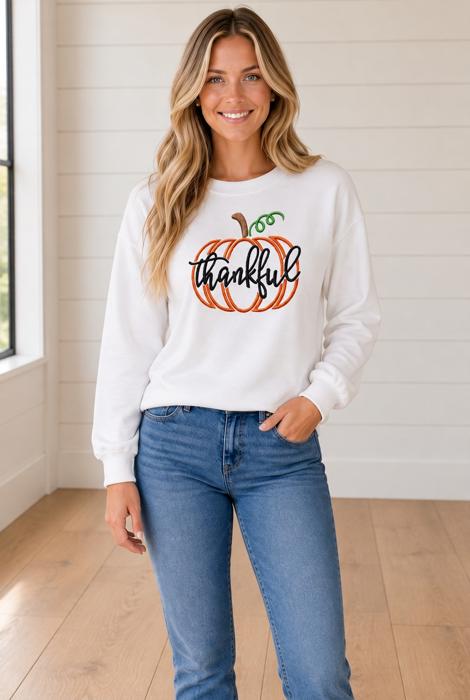 Maleya Thankful Pumpkin Embroidered Pullover