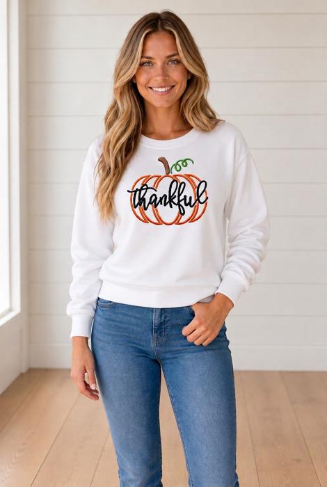 Maleya Thankful Pumpkin Embroidered Pullover