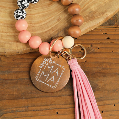 MAMA Wood Pendant Leopard Fringe Keychain