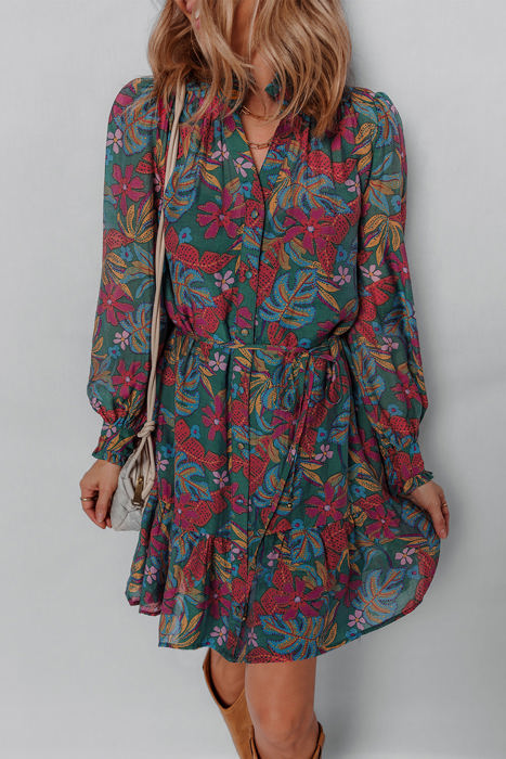 Maria Floral V Neck Puff Sleeve Dress